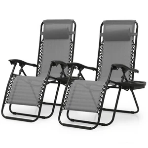 Patio Folding Chair Beach Lounge Zero Gravity Chair w/Holding Tray-Gray-Set of 2 - Picture 1 of 12