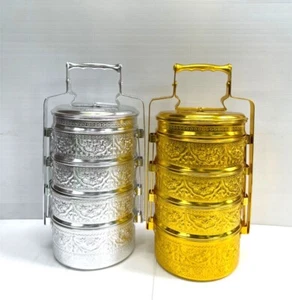 Vintage Style Thai Traditional Silver Aluminium Tiffin Gold Lunch Box 18 cm Gift - Picture 1 of 50