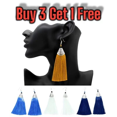CONE TASSLE EARRINGS STYLE BOHO SILKY DANGLE FRINGE HOOK TASSEL DROP DESIGN - Image 1 of 4