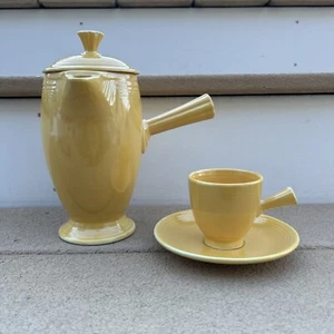 Fiestaware Yellow Demitasse Coffee Pot Stick Handle w Cup & Saucer Vintage HLC - Picture 1 of 24