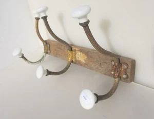 Victorian Wooden Coat Rack Brass Hat Hangers Hooks Old French Wood Antique 17"W - Picture 1 of 15