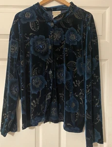 VTG Coldwater Creek size 2X dark green velvet floral button up blouse sparkly - Picture 1 of 5