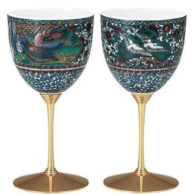 Par de cerámica Kutani Ware copa de vino flores y pájaros Foto 1 de 4