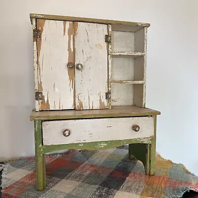 Antique Wooden Cabinet Shelf Doll  Desktop White Green Distressed  17”h X  12”w • 40.56$
