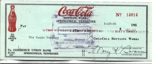 COCA-COLA BOTTLING WORKS CANCELLED CHECK NUMBER 14014 SPRINGFIELD TN. - Picture 1 of 1