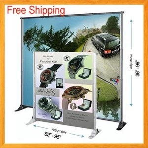 8' Telescopic Banner Stand Adjustable Backdrop Wall Exhibitor Expanding Display - Picture 1 of 4