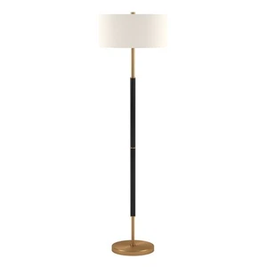 61" Gold And White Two Light Floor Lamp With White Fabric Drum Shade - Picture 1 of 9