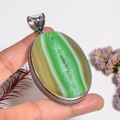 Grün,Botswana Achat Druzy Quarz Edelstein Handmade 925 Silber Anhänger 2.8 " Kar - Bild 1 von 4