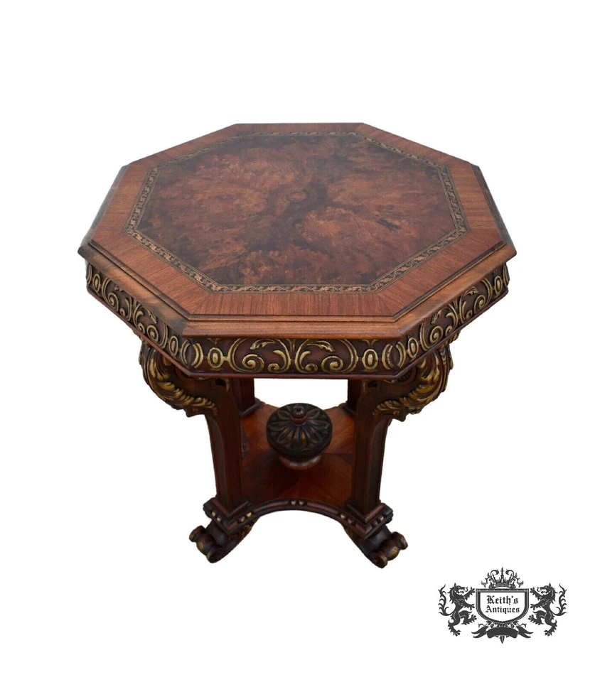 Старинный итальянский ренессансный стиль резной и инкрустированный ореховый центральный стол с золотом - Изображение 1 из 4