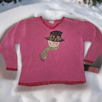 Quacker Factory Sweater Womens 1X  Pink Snowman Winter Beaded Sequins Preowned  - Image 1 of 4
