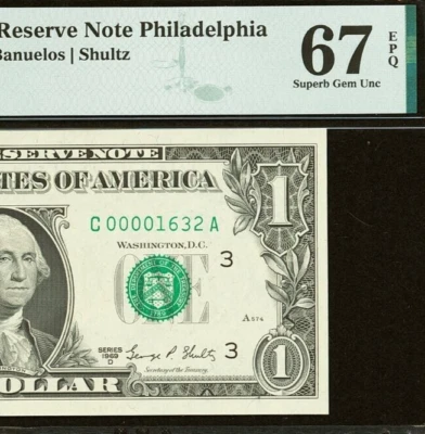 1969D $1 Philadelphia FRN PMG 67EPQ 2nd highest graded low serial 00001632 - Image 1 of 4