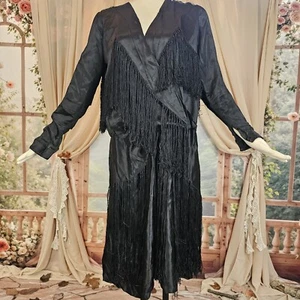 Antique Black Silky Flapper 20s 1920s Art Deco Dress W/ Fringe Tassels RARE Asis - Picture 1 of 16