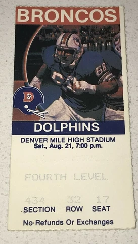 8/21/82 Denver Broncos Miami Dolphins MILE HIGH Stadium Game Used Ticket Stub Cover