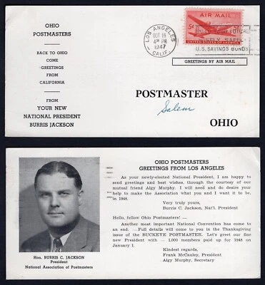 USA Los Angeles 1947 Burris Jackson NAP President Postcard Ohio Postmasters - Image 1 of 3
