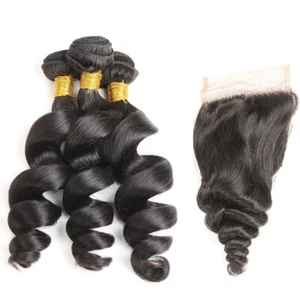 Natural Black Loose Wave Human hair 3Bundles With 4*4 Free Part Closure - Picture 1 of 20
