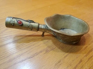 Vtg Chinese Brass or Bronze Libation Cup Dipper with Red Green Ornate Handle - Picture 1 of 12
