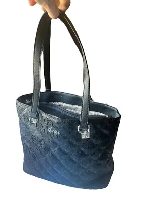 Guess Handbag Satchel Quilted Purse Tote Patent Leather Black - Image 1 of 4