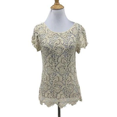 Camisa Maurices Crochet Encaje Top Mujer S Pequeña Marfil Punto Abierto Dobladillo Festoneado Foto 1 de 4