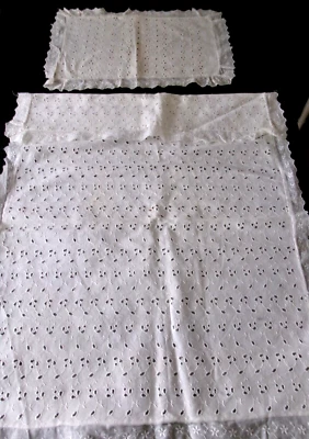 2 PC VINTAGE BABY CARRIAGE SET BLANKET & PILLOW SHAM IN EYELET WITH EMBROID TRIM - Image 1 of 4