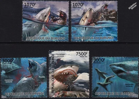 GREAT WHITE SHARK & SEALS Sea/Marine Life 5v MNH Stamp Set (2012 Burundi) Cover