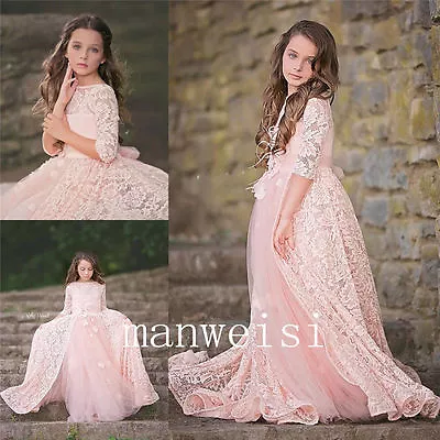 Pink Lace Flower Girl Dress Pageant Ball Gown Princess Party Prom Birthday Gowns - Image 1 of 4