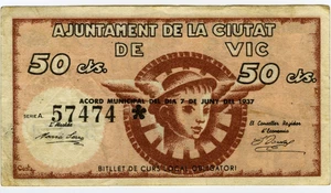 # SPAIN CIVIL WAR 1937 • VIC · 50 CENTS MUNICIPAL ☆ GUERRA CIVIL ESPAÑOLA ☆D1745 - Picture 1 of 2