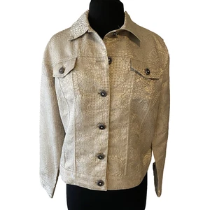 NWT Chicos Coat Jacket Womens 2 Medium Gold Metallic Lace Jacquard Jean Jacket - Picture 1 of 15
