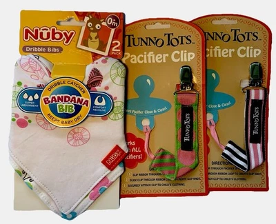 Tunno Tots  Baby Pacifier Clips & Nuby Bandana Bibs in Pink New on Cards 4 Pcs - Image 1 of 4
