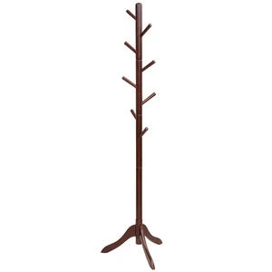 Wooden Coat Rack Stand Entryway Hall Tree 2 Adjustable Height w/ 8 Hooks Brown - Picture 1 of 12