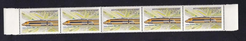 France 1984 High Speed Mail Train Paris-Lyon, MNH folded strip of 5, sc#1937 - Image 1 of 1