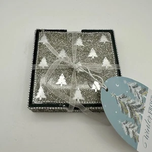 Silber Perlen Quadrat Winter Weihnachtsbaum Thema Untersetzer mit Halter 4er Set - Bild 1 von 4