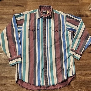 VTG 90s WRANGLER US Men’s 16X33 Blue Pink Striped Button Up Brushpopper Shirt - Picture 1 of 7