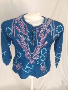 Trelise Cooper Kids Girls Tunic Shirt Silk Top Teal Blue Pink Embroidery Size 5 - Picture 1 of 11