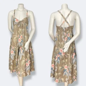 Vintage 1970s Plain Jane Dress Hawaiian Cut-Out Brown Tie Bust Sleeveless Midi - Picture 1 of 15
