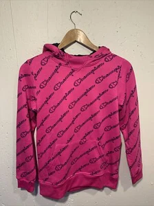 Girls Neon Pink/Navy Blue Logo Champion Hoodie Pullover Sweatshirt - Size 14/16 - Picture 1 of 6