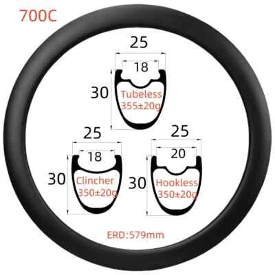 700C 25毫米宽55毫米深度碳纤维公路自行车轮辋无内胎/斜轮/无钩轮 — 第 1/4 张图片