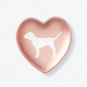 New Victoria's Secret Pink Dog Metallic Rose Gold Heart Trinket Dish w White Dog - Picture 1 of 2