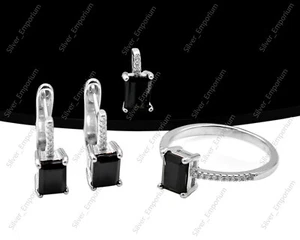 Natural Black Spinel Gemstone 925 Sterling Silver Engagement Wedding Jewelry Set - Picture 1 of 4