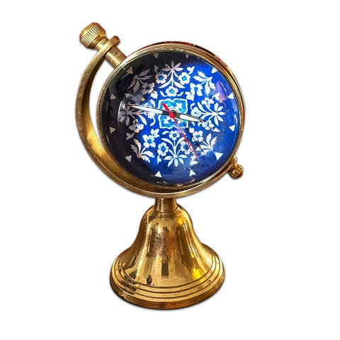 Globe Brass Table Clock Blue Pottery Jaipur Cover