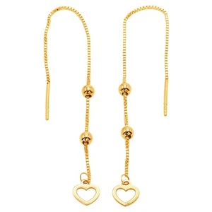 14k Pure Solid Yellow Gold Heart Long Drop Dangle Nice Threader Pretty Earrings - Picture 1 of 6