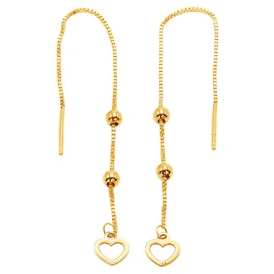 14k Pure Solid Yellow Gold Heart Long Drop Dangle Nice Threader Pretty Earrings  - Image 1 of 4