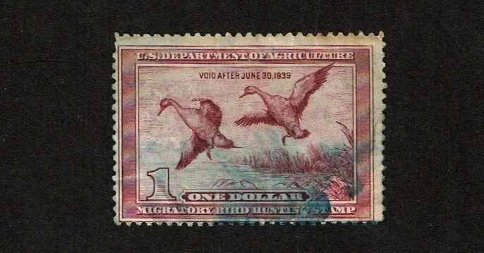 1938  U.S  DUCK Stamp $1.00 Lt Violet  Pintail Drake Sc#RW5 Used Blue Unsigned - Image 1 of 1