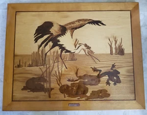 W E Baker Marquetry picture Lucky Day Heron catching frog 23x18 Beautiful - Picture 1 of 6