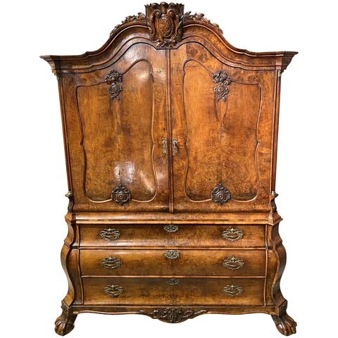 19th c Baroque German or Dutch Walnut Cabinet with Bombe Base & Medallion Carvin Cover