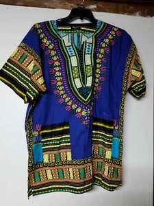 Unisex Blue African Dashiki Top. Multi Color. Short Sleeve. 100% Cotton - Picture 1 of 5
