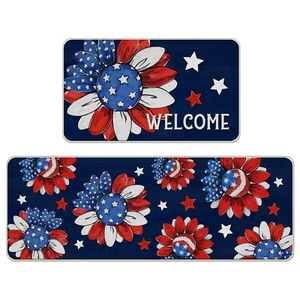 Welcome 4th of July Sunflower Patriotic Kitchen Rugs Set of 2, America Floral... - Picture 1 of 8