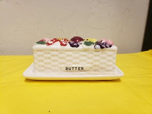 vintage Ceramic Butter dish with fruit design on top  - Picture 1 of 7
