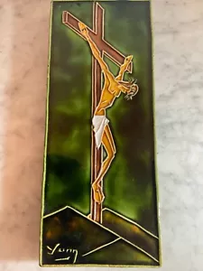 Antique Signed Art Pottery Tubelined Tile Plaque Crucifix Jesus Christ on Cross - Picture 1 of 10