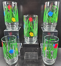 (5) Swanky Swigs Floral Tumblers Set Vintage Blue Red Yellow Flowers Glasses Lot