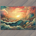 Psychedelischer Ozean Sonnenuntergang lineare Manga Illustration Wasserwellen Sonne skurriler Spaß
